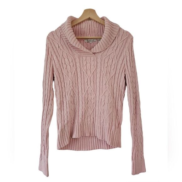 Vintage Wainscott Long Sleeve Cable Knit Sweater Fold Over Collar V Neck Pink S - Picture 1 of 9